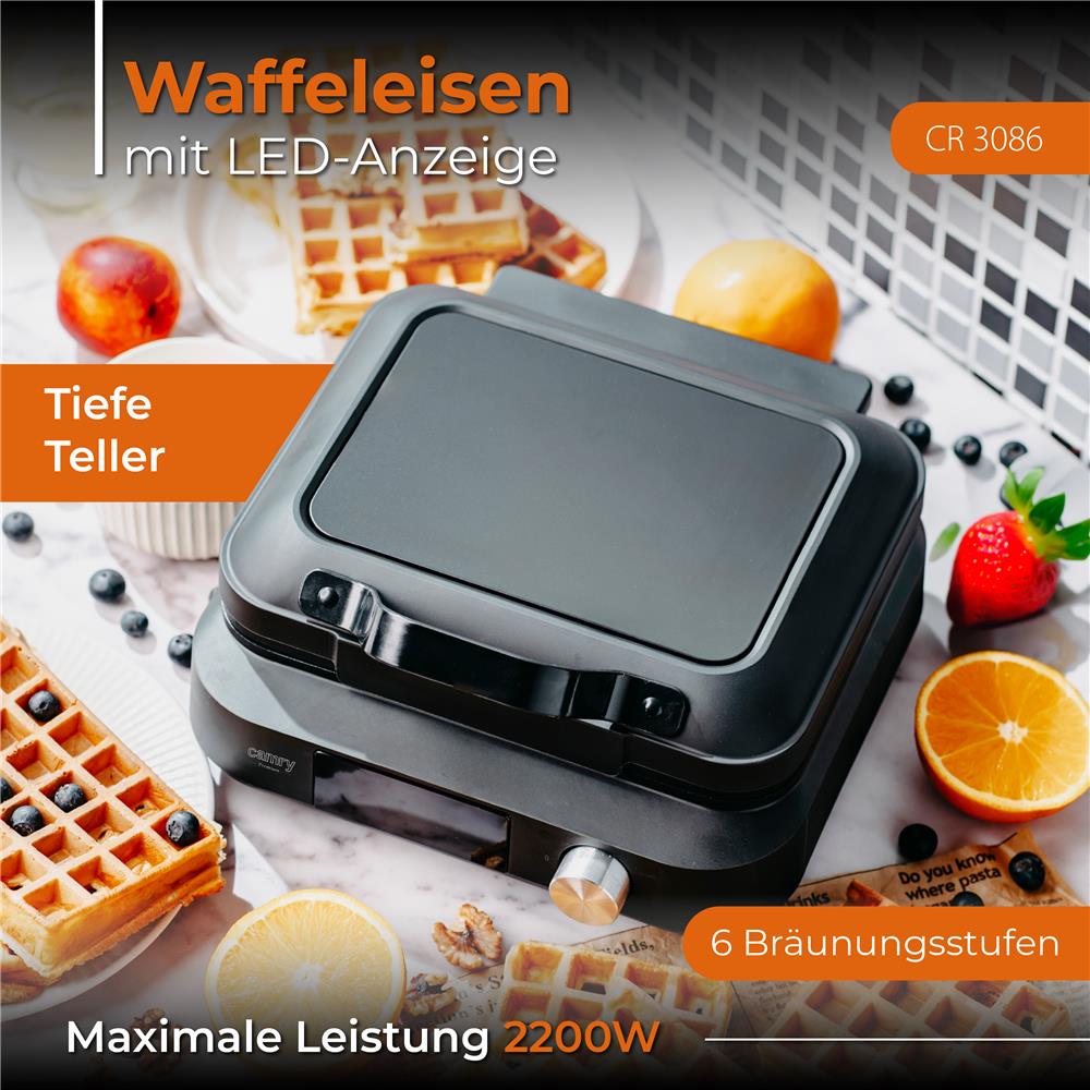 Camry CR 3086 Waffeleisen Schwarz Antihaftbeschichtet 6 Bräunungsstufen LED Anzeige