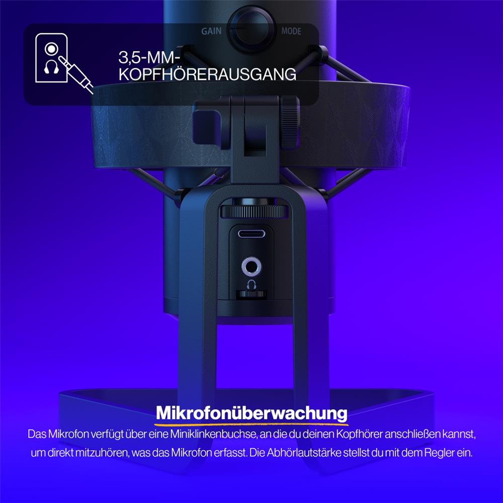 ENDORFY AXIS Streaming, schwarzes Mikrofon, Kopfhöreranschluss, Gain-Regler