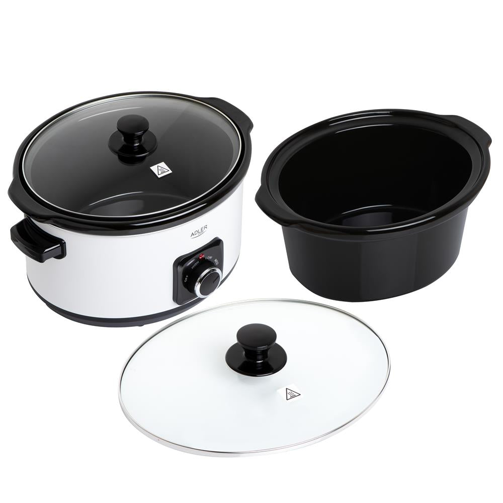 Adler AD 6413w Schongarer 5,8L Slow Cooker 3 Heizstufen Edelstahl spülmaschinenfest weiß