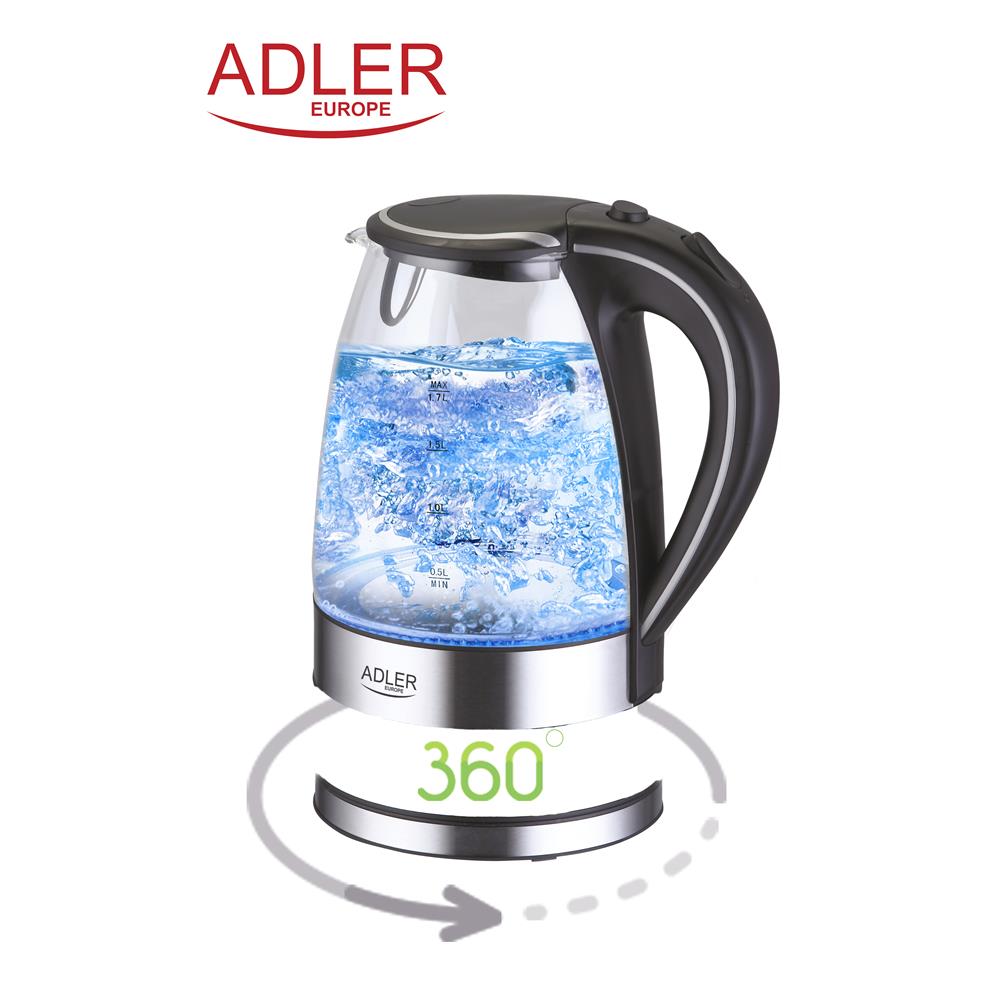 Adler AD 1225 Wasserkocher aus Glas, 1,7 Liter, 2200 Watt, mit blauer Beleuchtung