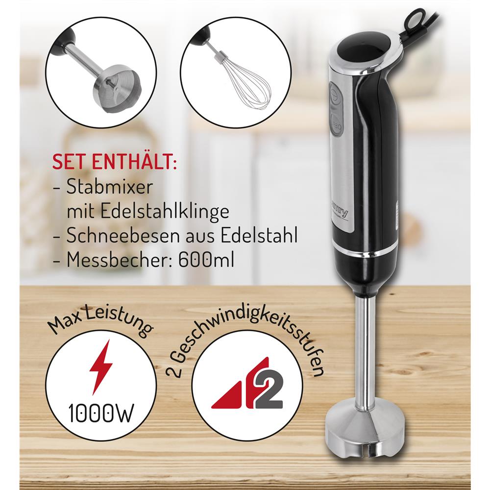 Camry CR 4621 Stabmixer Mini Set 2in1 Schneebesen 600 Watt Handmixer Edelstahl schwarz
