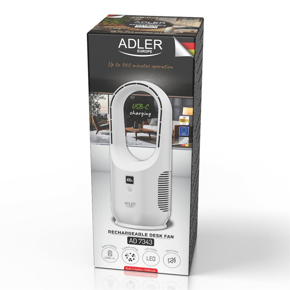 Adler AD 7343 USB-Tischventilator ohne Rotorblätter, kabellos, leise, mit Akku, LED-Display und 3 Geschwindigkeitsstufen, modern, Weiß