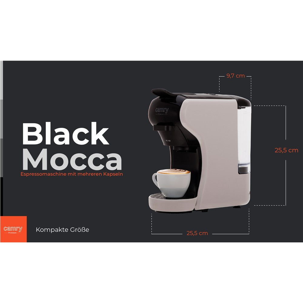 Camry CR 4414bm Multi-Kapsel-Espressomaschine, 19 bar Kaffeemaschine für Kapseln, Pads und gemahlenen Kaffee, kompakt fürs Büro und Zuhause, Mocca/Schwarz