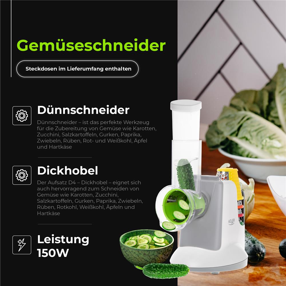 Adler AD 4815 LG elektrischer Gemüseschneider – 5 Aufsätze, kompakt & leistungsstark