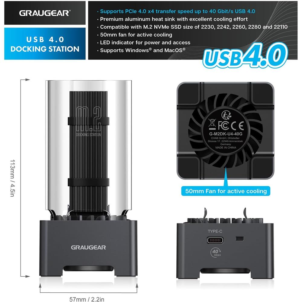 GRAUGEAR USB 4.0 Dockingstation für M.2 PCIe Gen4x4 NVMe SSD