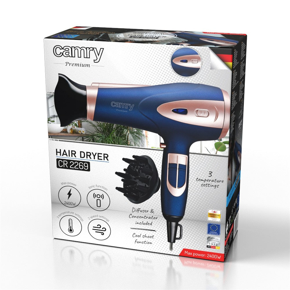 Camry CR 2269 Haartrockner mit Ionenfunktion, 1800-2200 W, 2 Gebläsestufen, 3 Temperaturstufen, Kaltlufttaste, Diffusor, Stylingdüse, Soft-Touch, dunkelblau