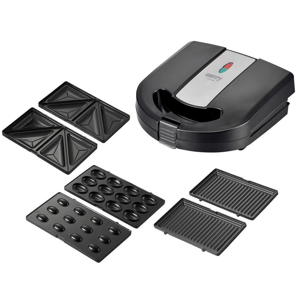 Camry CR 3063 Sandwichmaker 3-in-1, Kontaktgrill und Nusskuchen-Maker, wechselbare Antihaft-Platten, 750 W, Cool-Touch-Griff, vertikal lagerbar, Schwarz-Silber