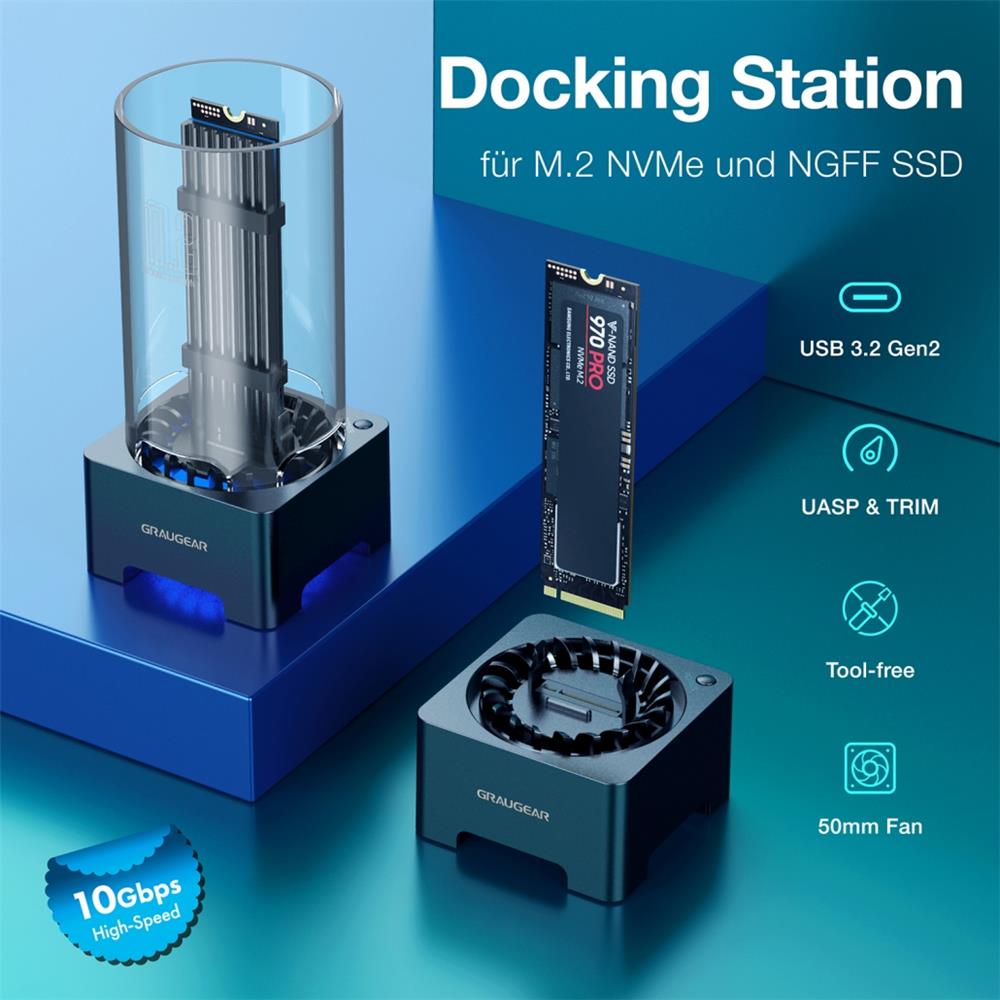 GRAUGEAR Dockingstation USB-C für M.2 NVMe NGFF SSD RTL9210B Chipsatz USB 3.2 10 Gbit/s leiser 50 mm Lüfter