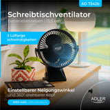 Adler AD 7342b Akku Ventilator mit Clip, USB Tischventilator 15,5 cm, Camping Ventilator, Clip Ventilator für Schreibtisch, Wohnmobil, Zelt und Büro, Schwarz