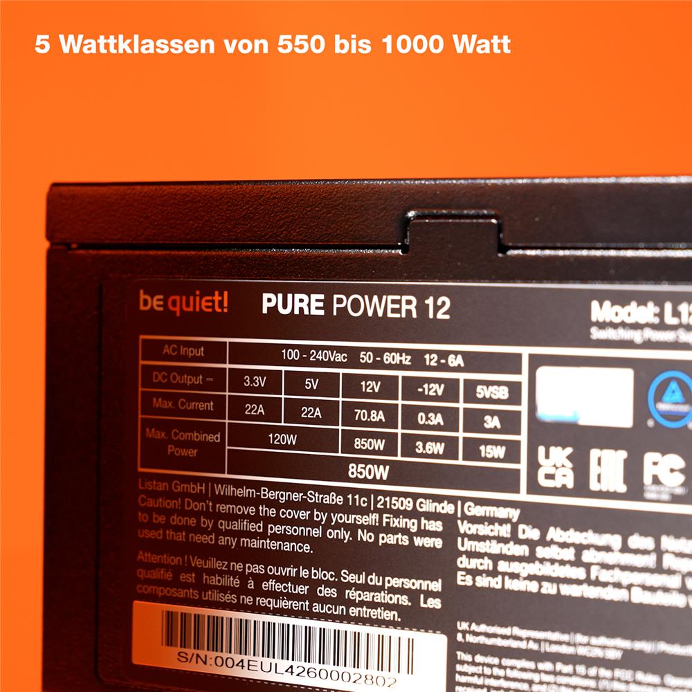 be quiet! Pure Power 12 550W Netzteil 80 Plus Gold Effizienz ATX 3.1 mit voller Unterstützung für PCIe 5.1 GPUs