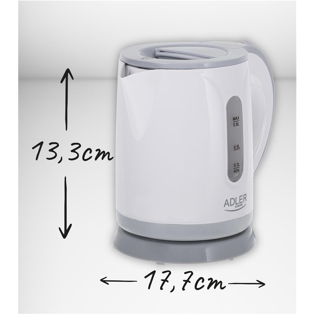 Adler AD 1371g Wasserkocher in Weiß/Grau, 0,8 Liter, 850 Watt, mit 360 Grad drehbarem Sockel