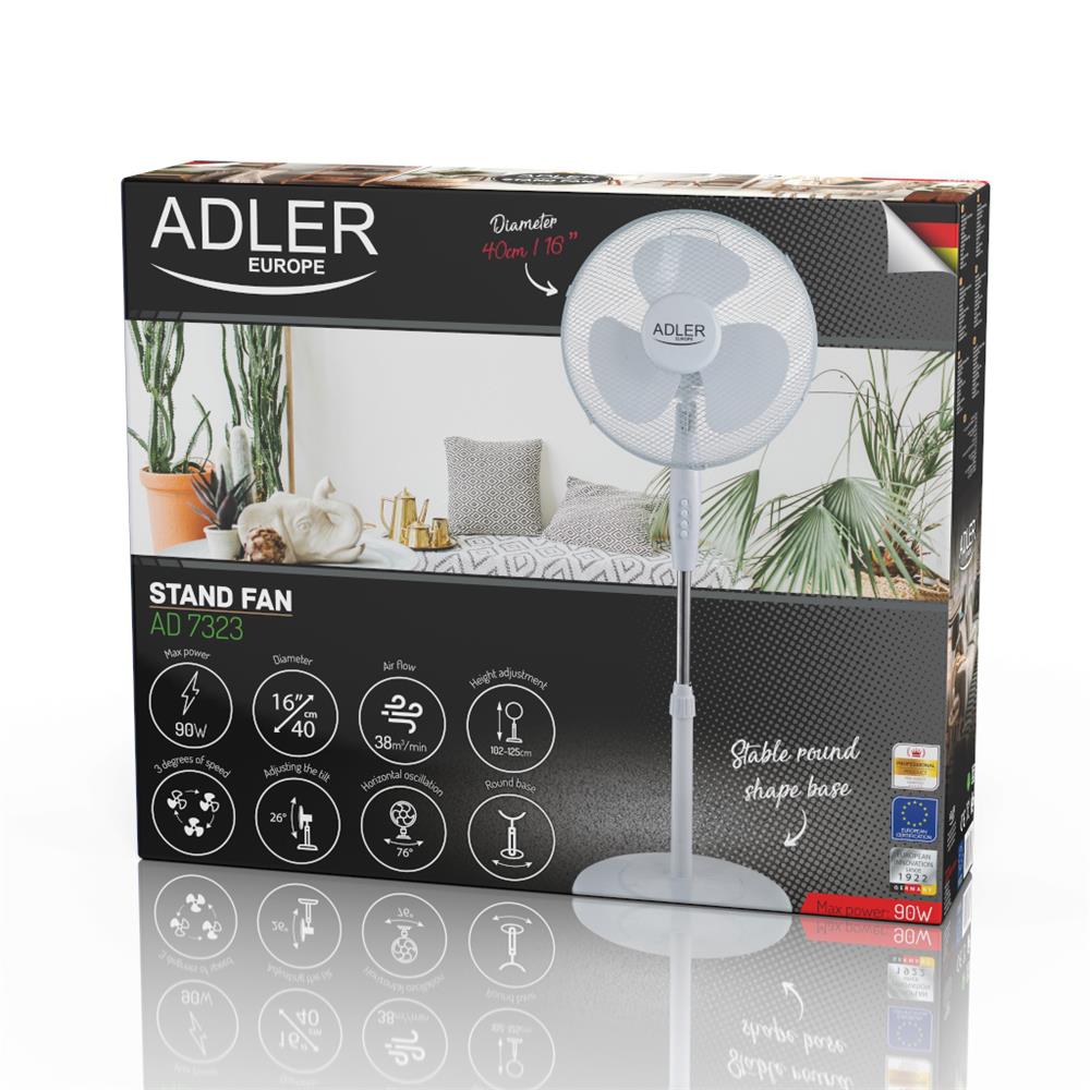 Adler AD7323w Standventilator Durchmesser 40 cm Weiß Höhenverstellbar mit Standfuß