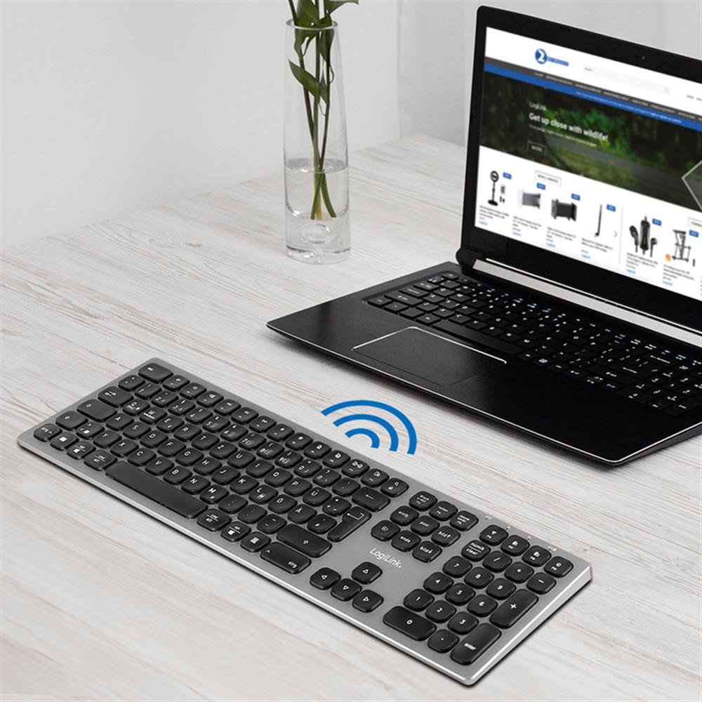 LogiLink Kabellose Multi-Device-Tastatur Bluetooth 5.0, Aluminium, Spacegrau