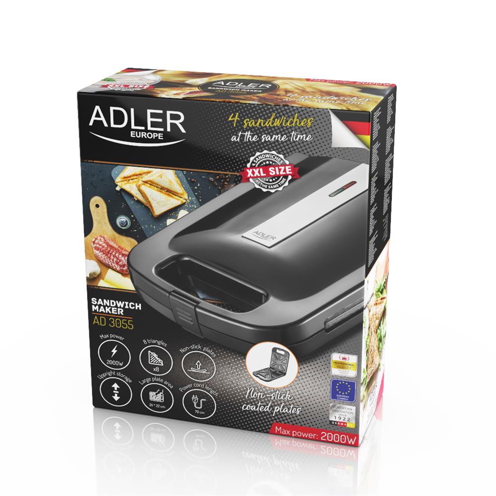 Adler AD 3055 Sandwich Maker 2000W Schwarz Thermostat Kontrollleuchten Heizplatten Sandwich-Toaster