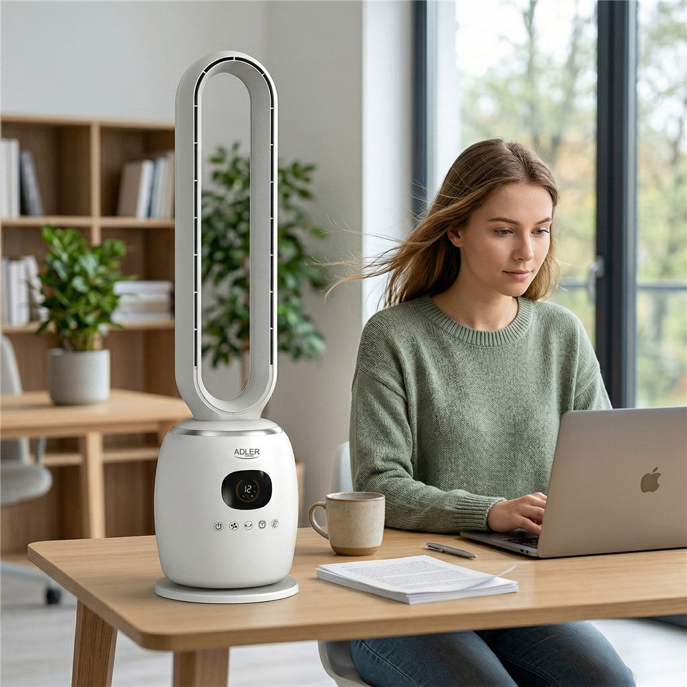 Adler AD 7344 blattloser Turmventilator, 86 cm, mit Fernbedienung, 60°-Schwenkbereich, 3 Geschwindigkeitsstufen, 3 Betriebsmodi, 1–12-Stunden-Timer, LED-Display