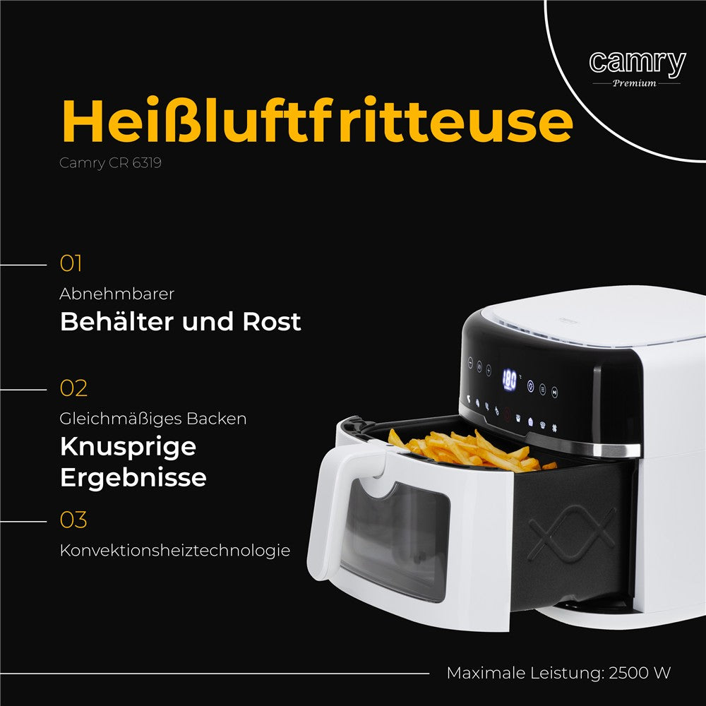 Camry CR 6319 Heißluftfritteuse 8L – XXL Air Fryer mit großem Fassungsvermögen, fettarme Zubereitung und modernes digitales Küchengerät
