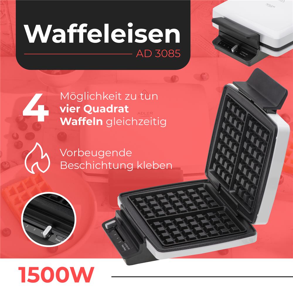 Adler AD 3085 Waffeleisen für Belgische Waffeln mit Antihaftbeschichtung Weiß
