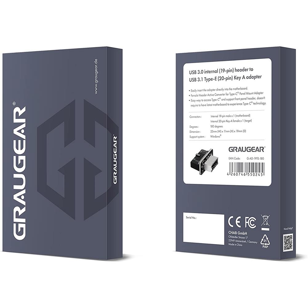 GRAUGEAR USB 3.0 internal (19-pin) header to USB 3.1 Type-E (20-pin) Key A adapter