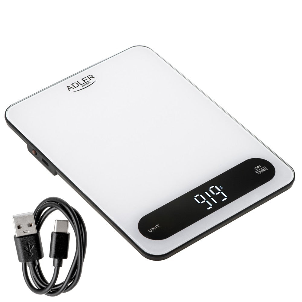 Adler AD 3177WB Küchenwaage Digital 10 kg, Elektronische Haushaltswaage mit Tara Funktion, USB-C aufladbar, Präzisionswaage zum Kochen und Backen, Glaswaage, Weiß