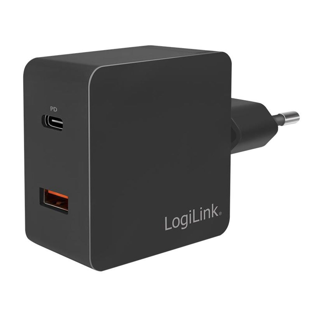 LogiLink Schnellladeadapter Dual-USB mit USB-C (PD) und USB-A (QC), 18W, Schwarz