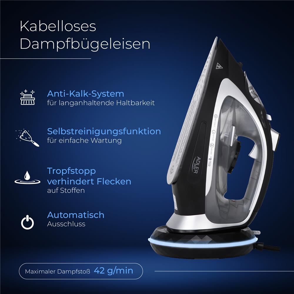 Adler AD 5043 Kabelloses Dampfbügeleisen mit Basisstation Keramiksohle schwarz silber