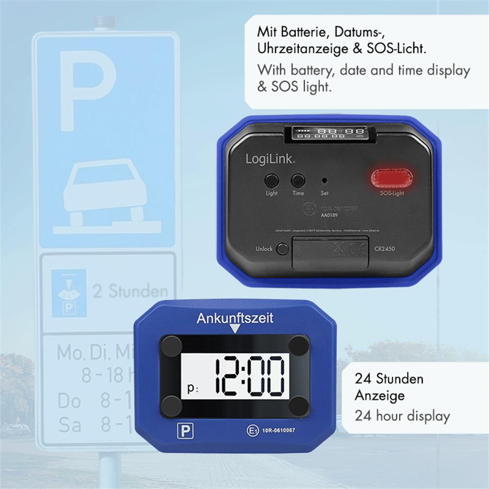 LogiLink Digitale Parkuhr, automatische Aktivierung, 24-Stunden-, Datum und Uhrzeit-Anzeige, SOS-Licht, Blau