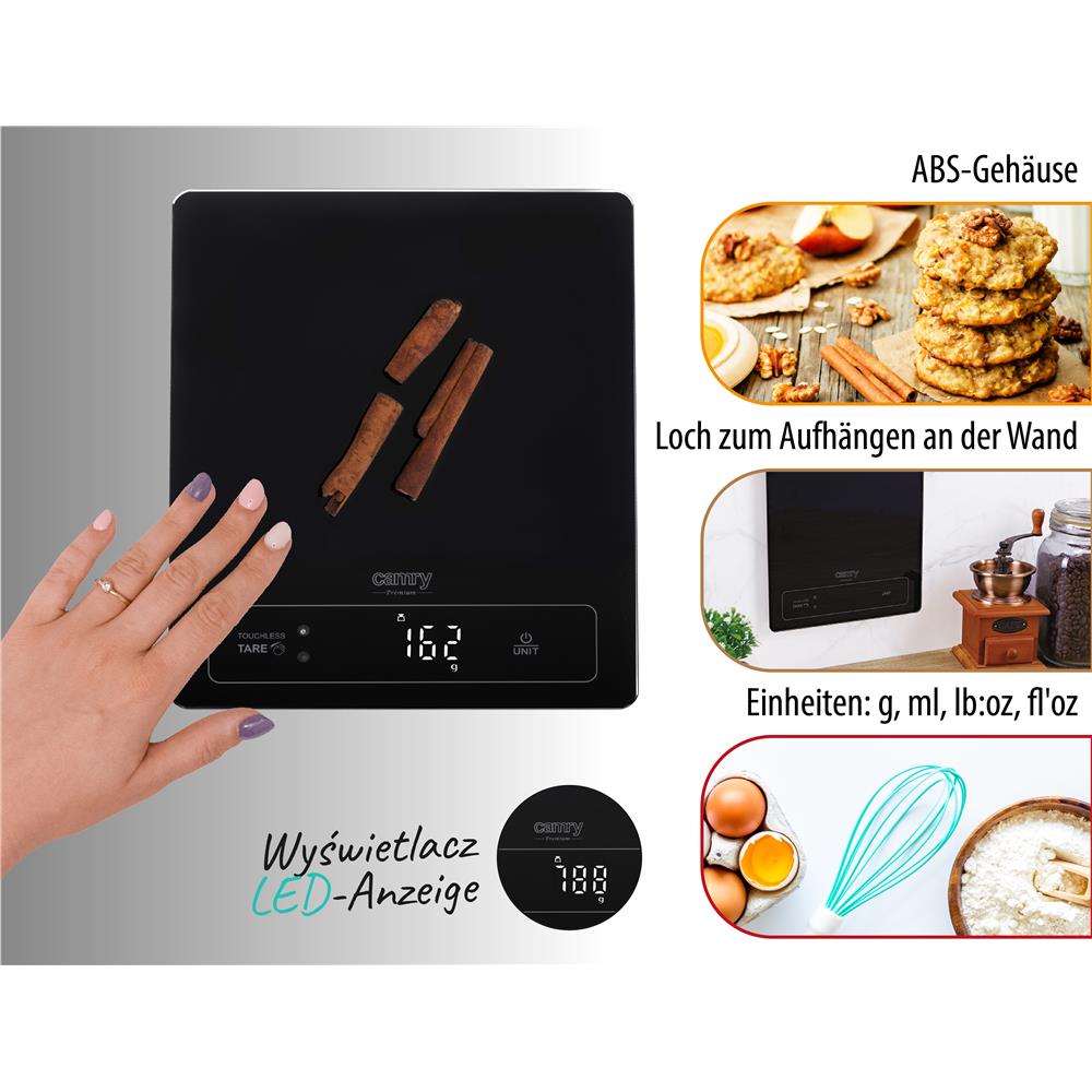 Camry CR 3175 digitale Küchenwaage mit 15 kg Kapazität, LED-Anzeige und Gesten-Tara, schwarz