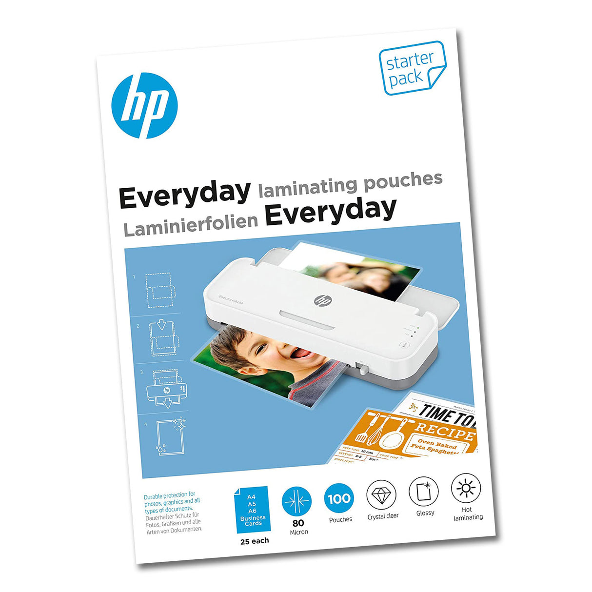 HP Everyday Laminierfolien Starter-Set, 80 Micron, 100 Stück in DIN A4, A5, A6 und Visitenkarten