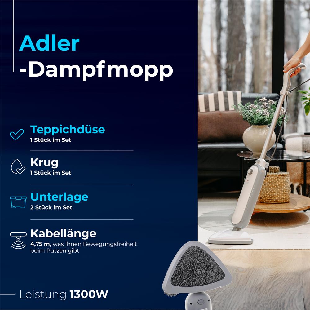 Adler AD 7057 Dampfreiniger Dampfmopp mit Reinigungspads 1300 W schnelle Aufheizzeit weiß grau
