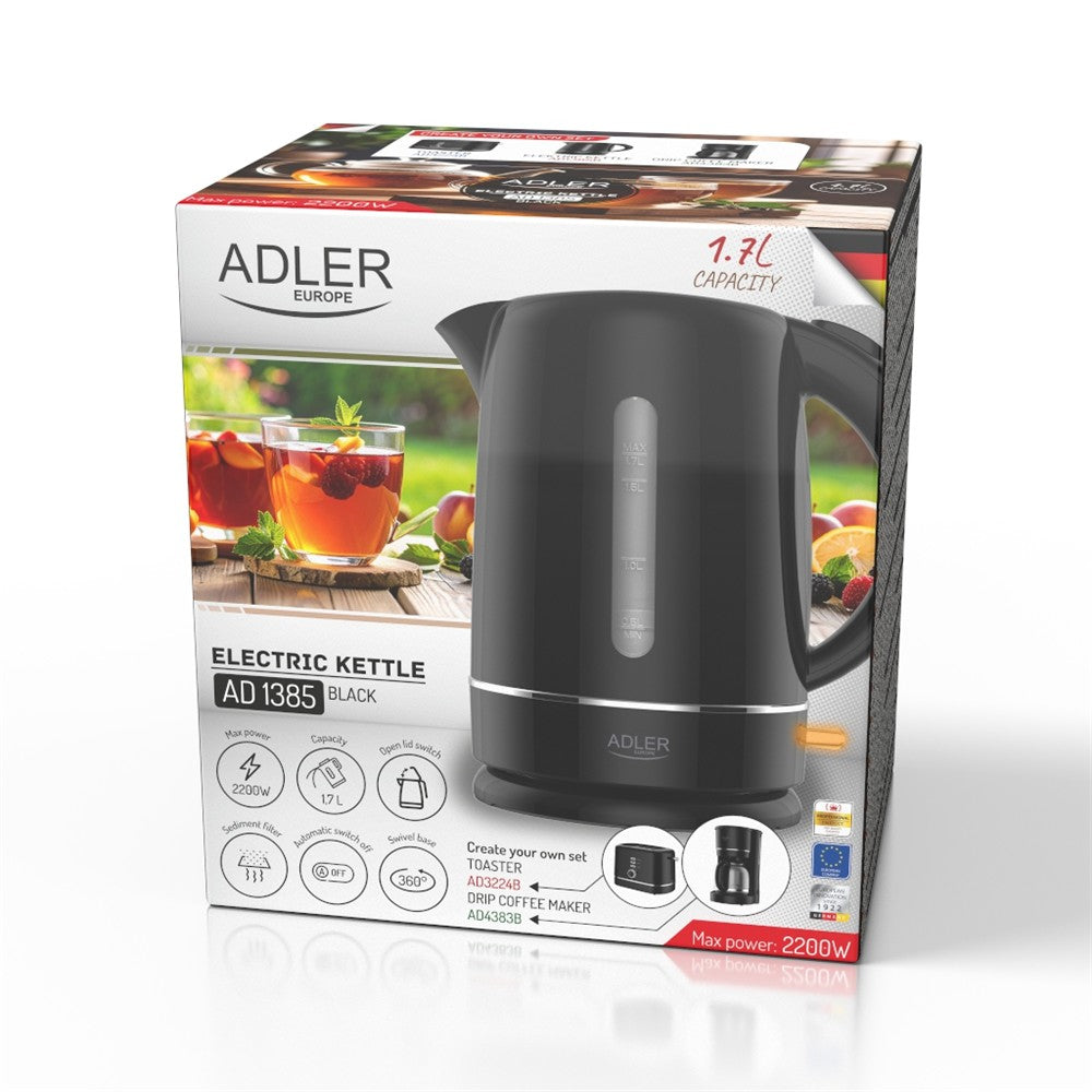 Adler AD 1385 Wasserkocher schwarz 1,7 l mit Kalkfilter, flachem Edelstahl-Heizelement, 360°-Sockel und Wasserstandsanzeige