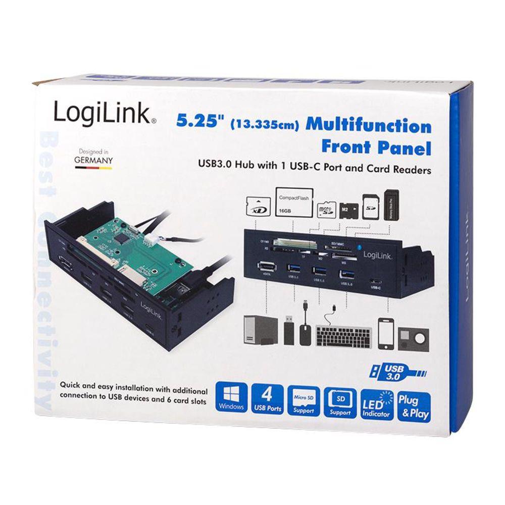LogiLink USB HUB 3.0 schwarz 5,25" Multifunktions-Panel 6-fach Kartenleser eSATA