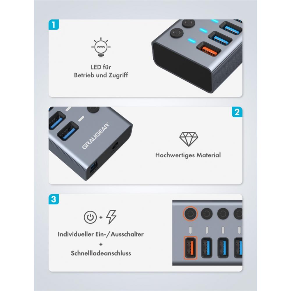 GRAUGEAR 8 Port USB 3.0 HUB, 7 Port USB Hub mit 1 USB Schnellladeanschluss