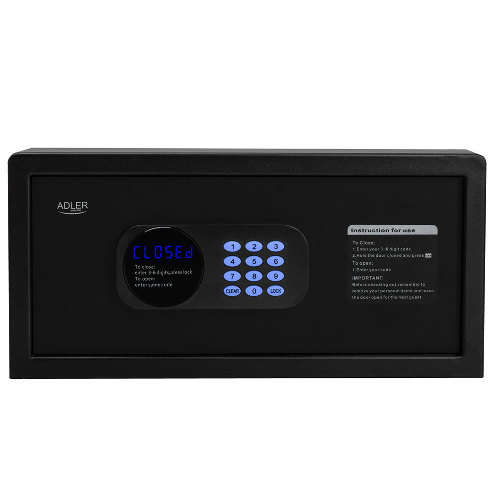 Adler AD 1045 Tresor 14 L, Möbeltresor mit Zahlencode, elektronischem Schloss, Notschlüssel, Alarmfunktion, Dokumententresor für Zuhause Hotel Büro, Schwarz