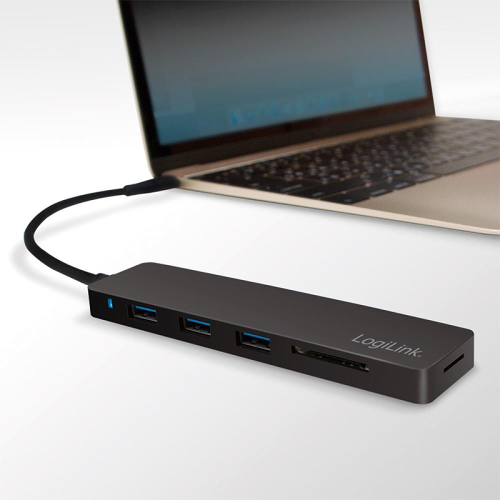 LogiLink Sehr flacher USB 3.2 Gen 1x1 USB-C 3-Port Hub & Kartenleser