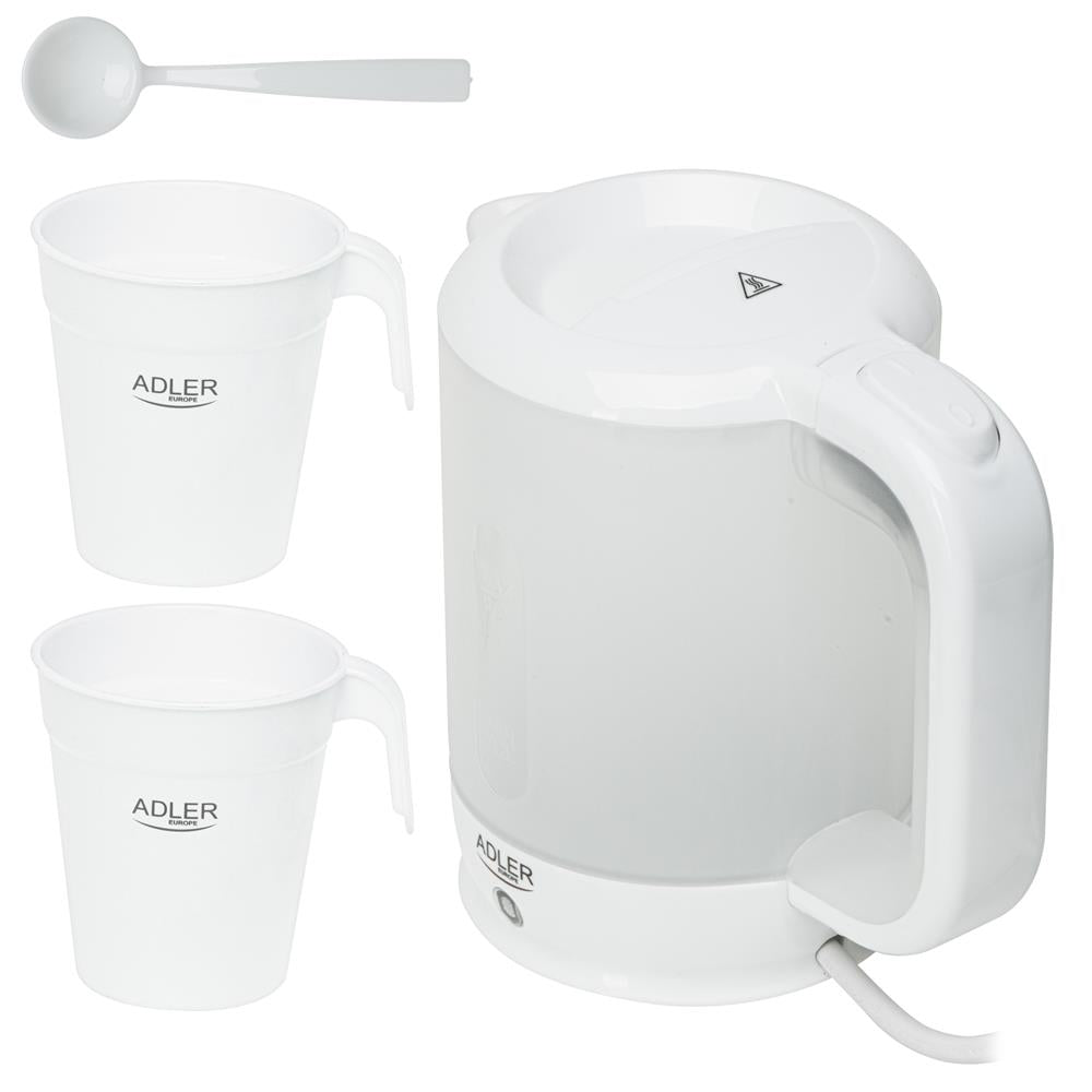 Adler AD 1381 Elektrischer Reisewasserkocher, 0,5 L, inkl. Tassen & Löffel, für Reisen & Camping