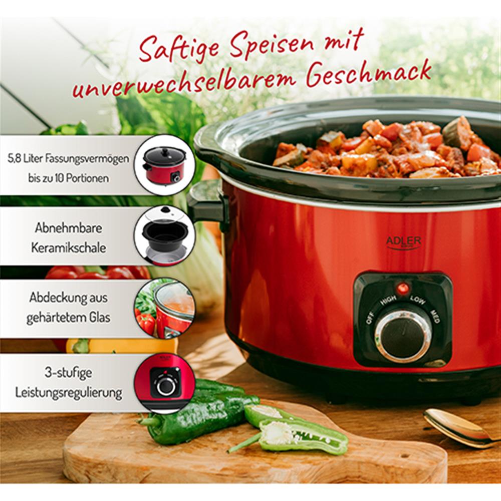 Adler AD 6413r Langsamkocher 5,8L 290W Rot Schongarer Multikocher Gartopf Slowcooker