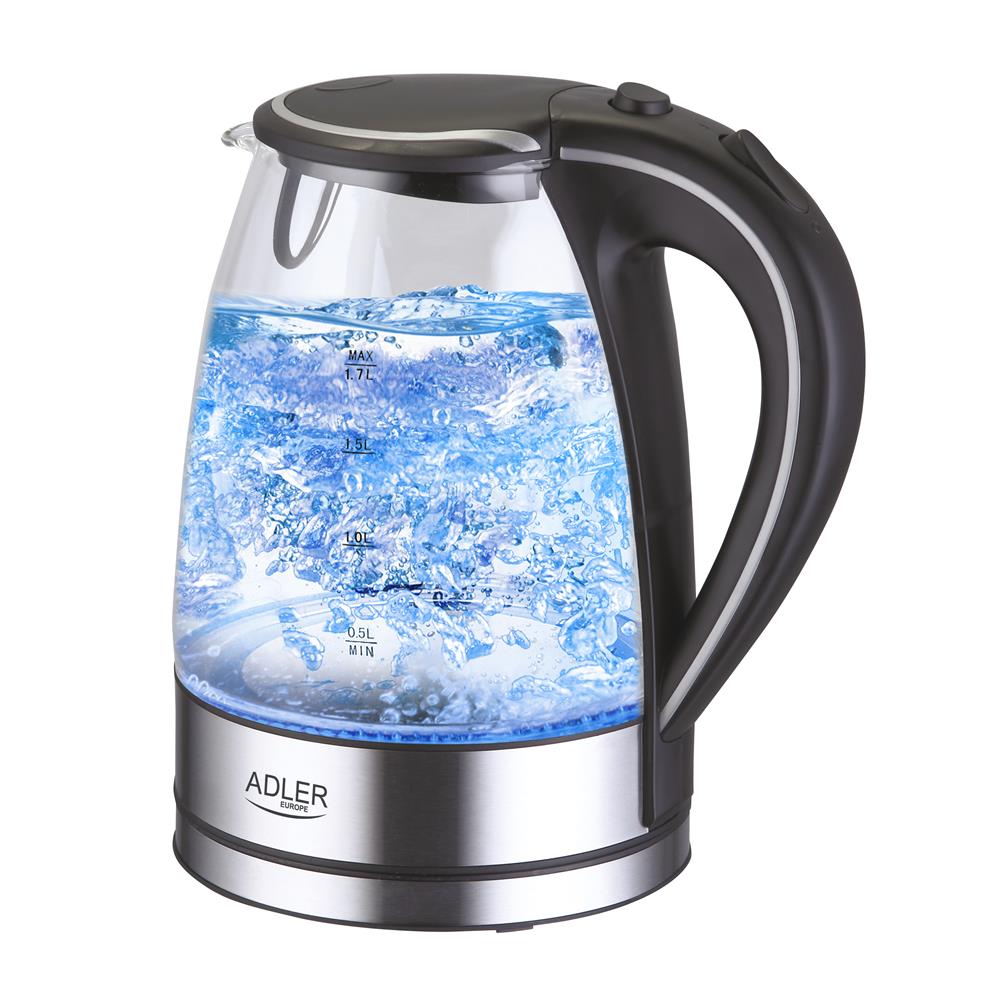 Adler AD 1225 Wasserkocher aus Glas, 1,7 Liter, 2200 Watt, mit blauer Beleuchtung