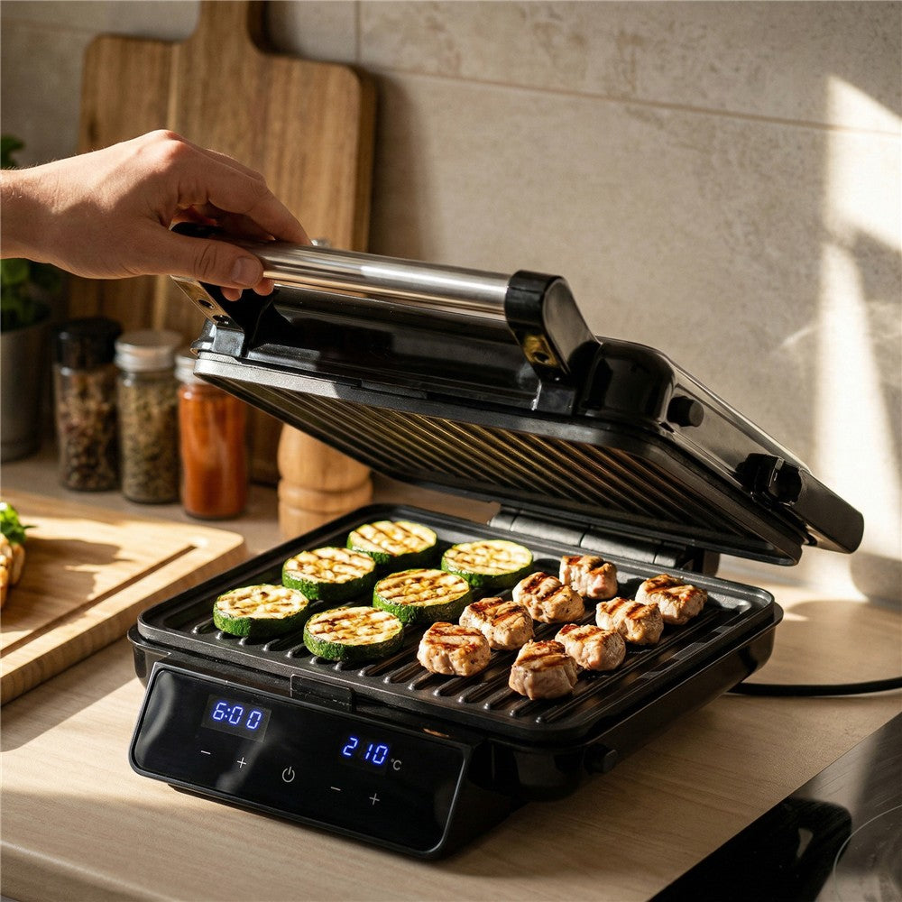 Adler AD 3096 4-in-1 Sandwichmaker, Sandwichtoaster mit Wechselplatten, Waffeleisen, Kontaktgrill, LED-Touchdisplay, Timer, Temperaturregelung, Antihaftbeschichtung, Schwarz/Silber