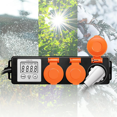 LogiLink 3-fach Außensteckdosenleiste mit Energiekostenmesser & IP44 – Stromverbrauch im Garten messen
