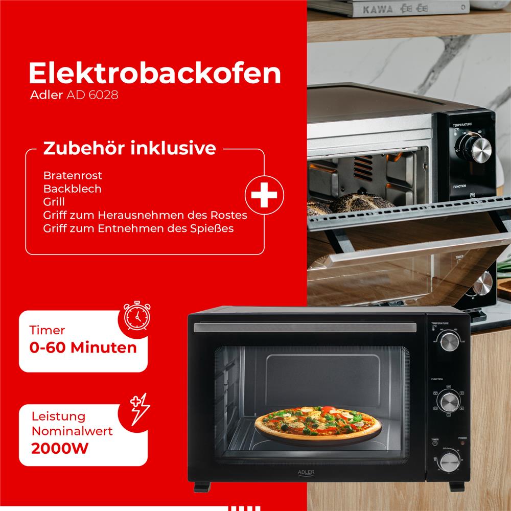 Adler AD 6028 Elektrobackofen 60L Mini Backofen Umluft Timer Drehspieß schwarz