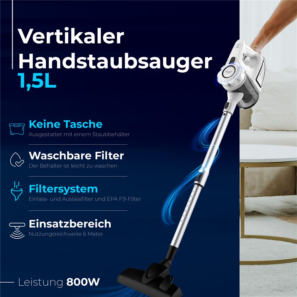 Adler AD 7036w Handstaubsauger beutellos 800W Autostaubsauger 1,5L Staubbehälter weiß