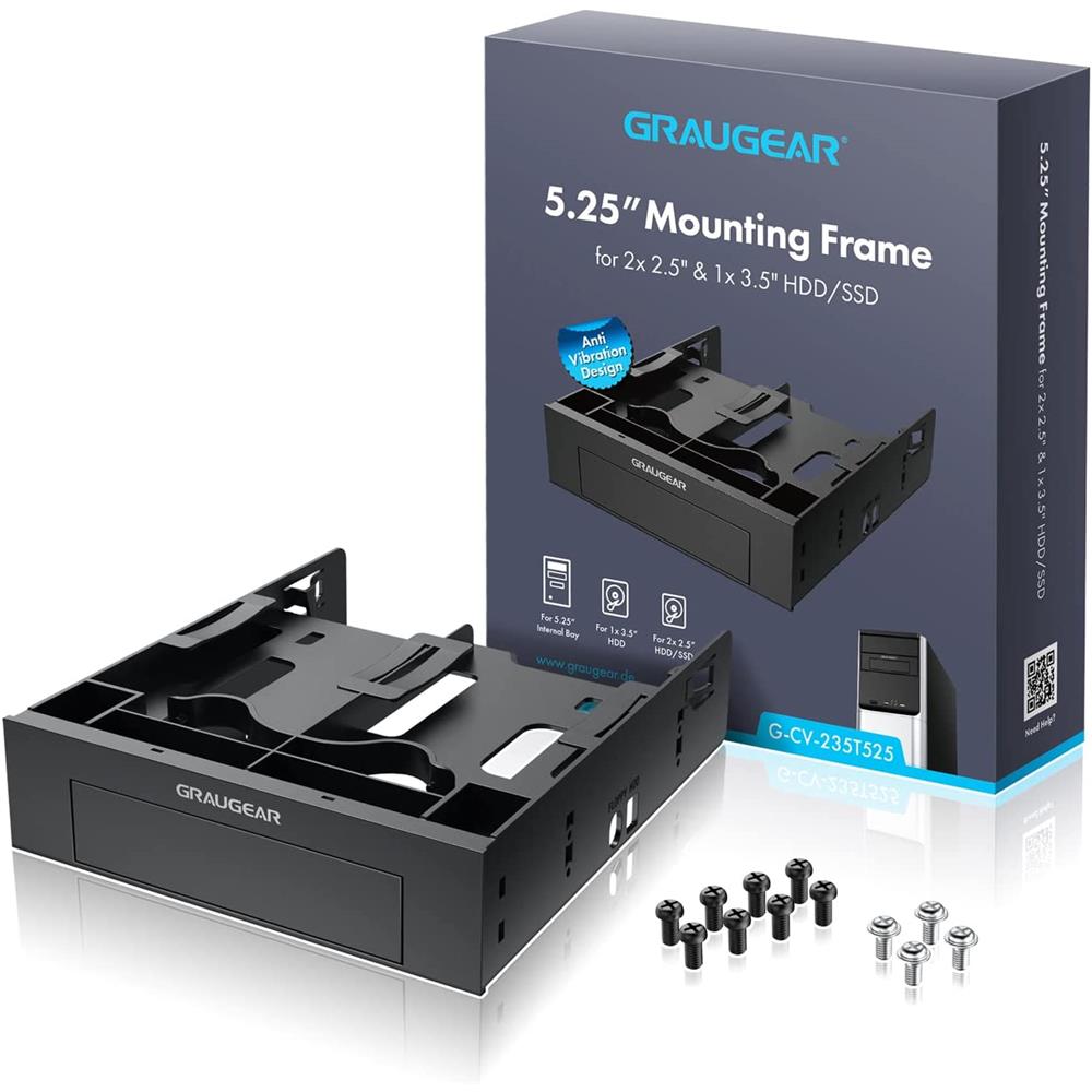 GRAUGEAR Einbaurahmen Frontblende 3x HDD SSD 2x 2,5" + 1x 3,5" auf 5,25" Einbauschacht