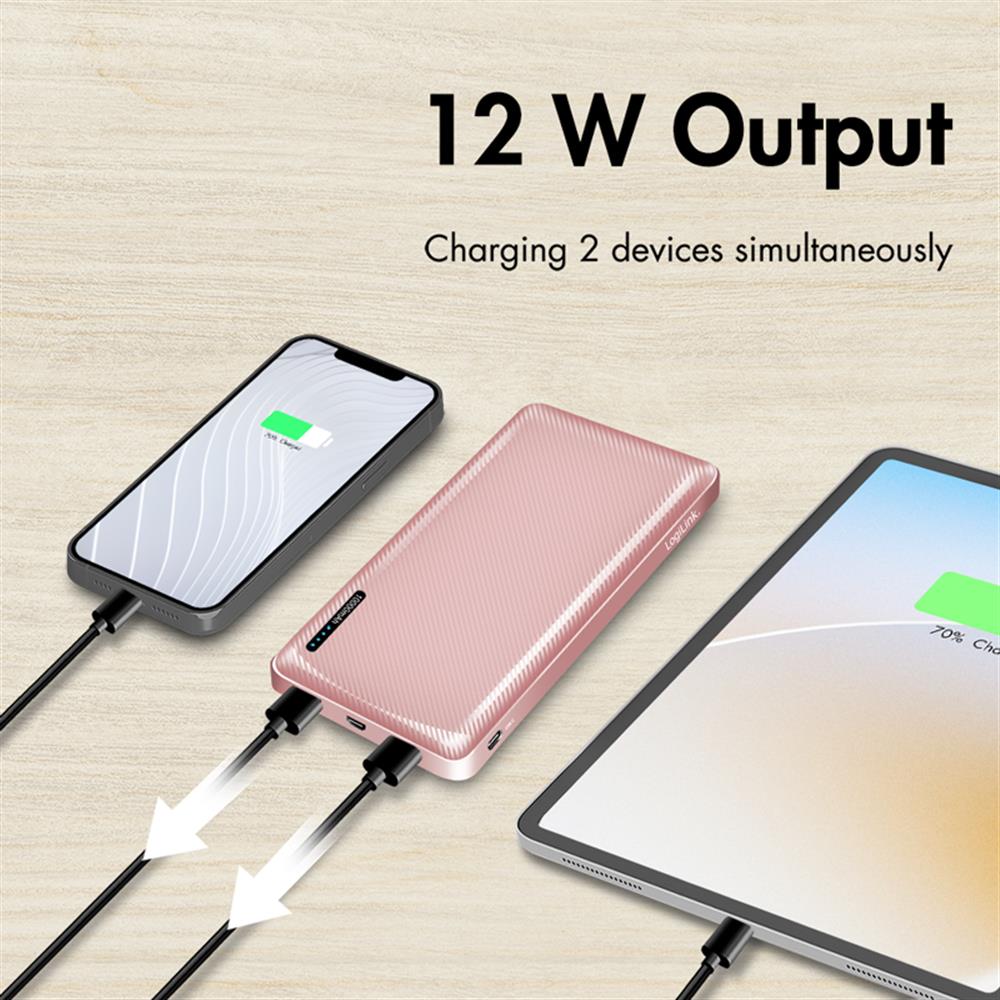 LogiLink Powerbank 10.000 mAh, 2× USB-A & 1× USB-C, Schnellladen, Roségold