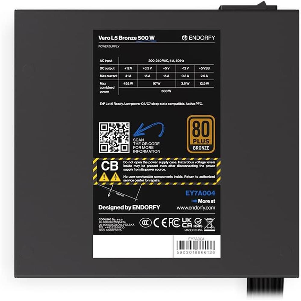 ENDORFY Vero L5, 500 Watt PC-Netzteil, 80 Plus® Bronze | EY7A004