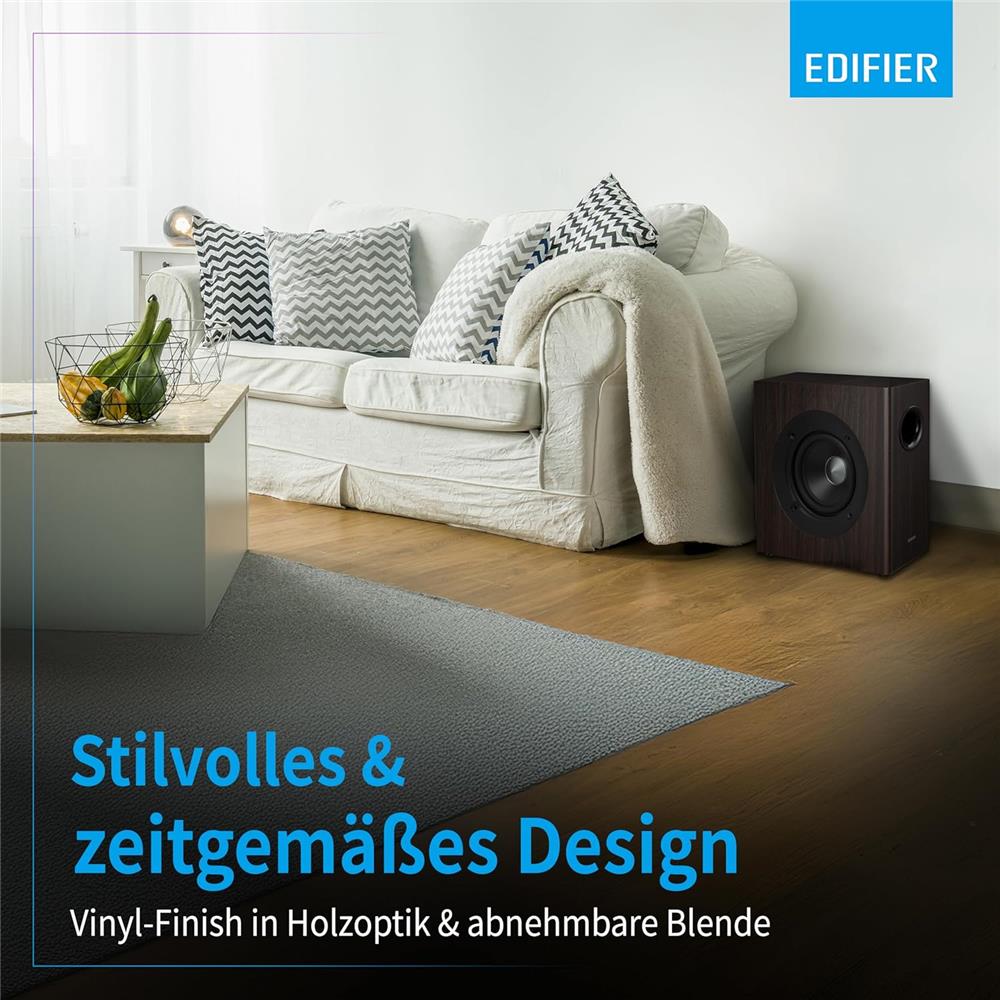 Edifier T5s – Aktiver 8" Subwoofer, 70W RMS, 35 Hz Bass, Braun Holzoptik