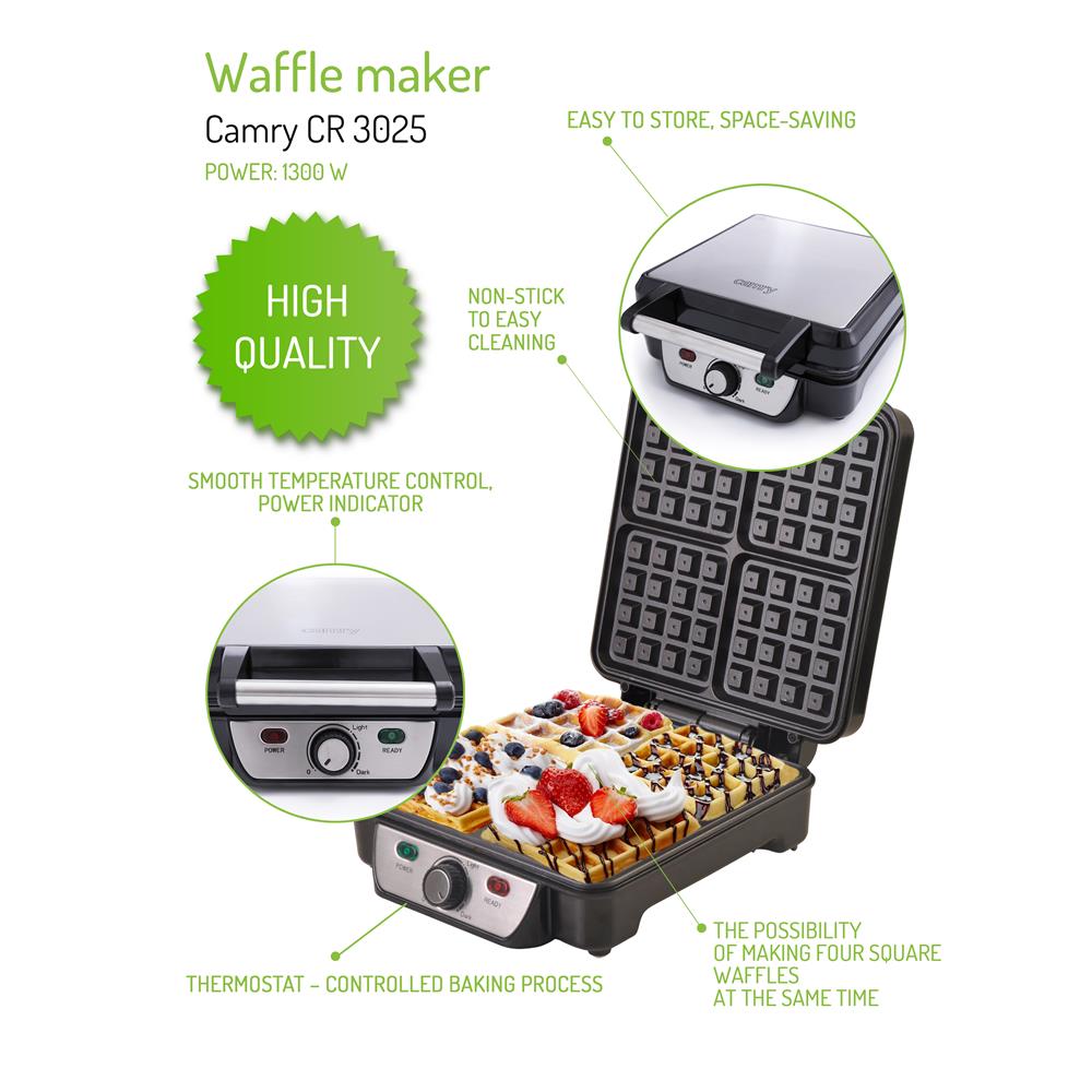 Camry CR 3025 Waffeleisen 4 Waffeln 1500 Watt Waffelmaker XXL für 4 Waffeln