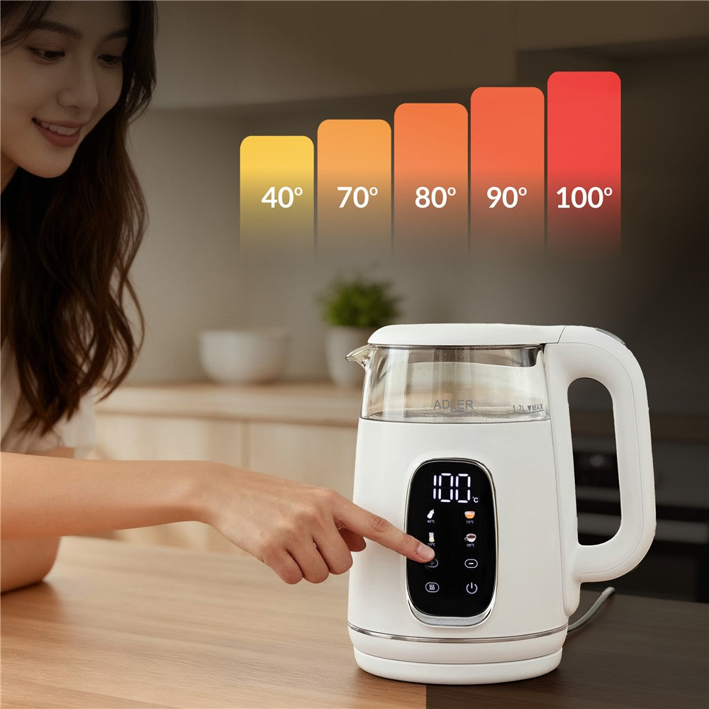 Adler AD 1305 Glas-Wasserkocher 1,7 L mit Temperaturwahl 40–100°C, LED-Display, Warmhaltefunktion 2 Std., 2200 W, Touch-Bedienung weiß silber
