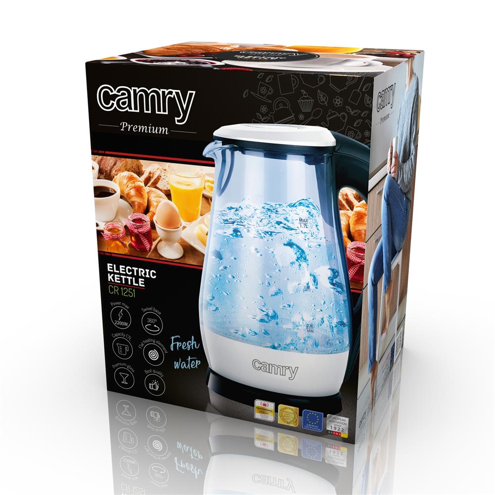 Camry Wasserkocher Glas 1,7L CR 1251w weiß LED beleuchtet kabellos 2200 Watt Glaswasserkocher