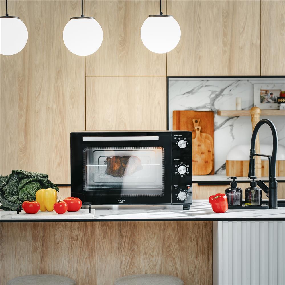 Adler AD 6028 Elektrobackofen 60L Mini Backofen Umluft Timer Drehspieß schwarz