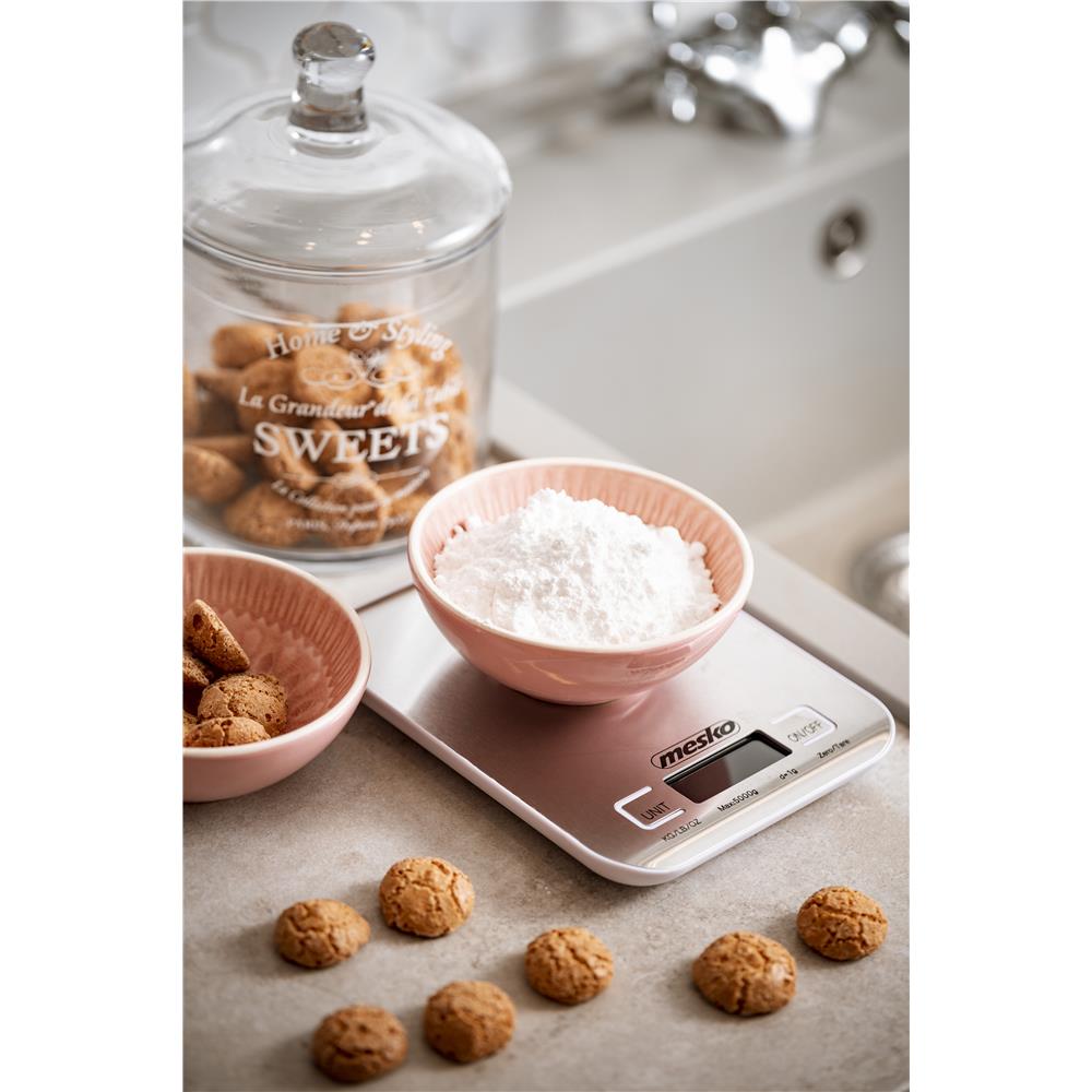 Mesko MS 3169 digitale Küchenwaage mit Tara-Funktion, 5 kg Kapazität, silber/weiß